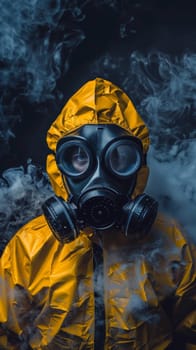 A portrait of an individual wearing a yellow hazmat suit and respirator mask against a backdrop of swirling smoke