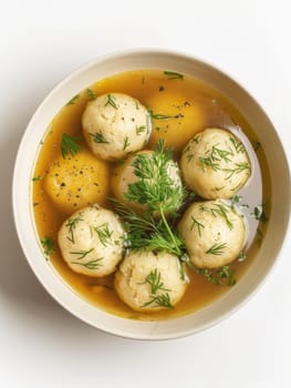 A bowl of clear broth showcasing tender matzo balls topped with fresh dill, a classic comfort food