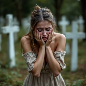 Emotional young woman in off shoulder dress mourning at cemetery, surrounded by white crosses, expressing deep sorrow and loss.
