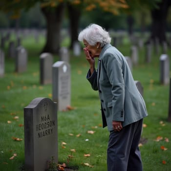 An elderly woman stands in a cemetery, expressing grief and remembrance at a gravestone, surrounded by a peaceful landscape.