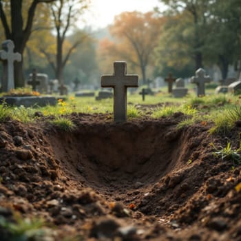 A newly dug grave in a serene cemetery, surrounded by gravestones and bathed in warm sunlight, symbolizing peace and reflection.