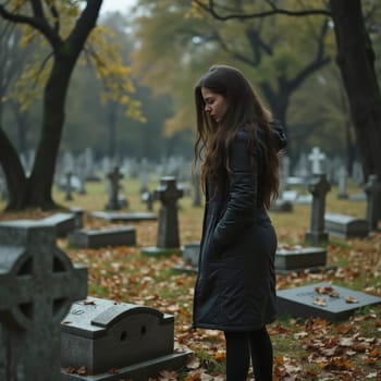 A young woman with long dark hair stands pensively among gravestones in an autumnal cemetery, surrounded by trees with yellow leaves.