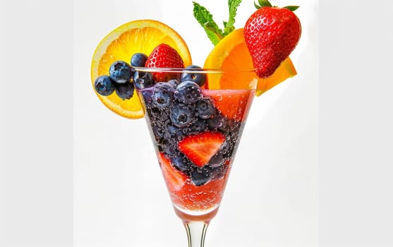 A tantalizing berry cocktail topped with a skewered strawberry and blueberries, complemented by a citrus slice, on a bright background