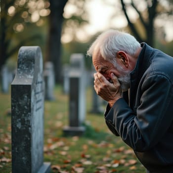 An elderly man in a cemetery, expressing grief and emotion, standing beside a gravestone.
