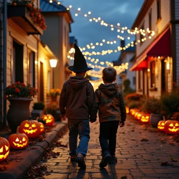 Two children in costumes trick or treating on festive street decorated with glowing pumpkins and fairy lights for Halloween celebration.