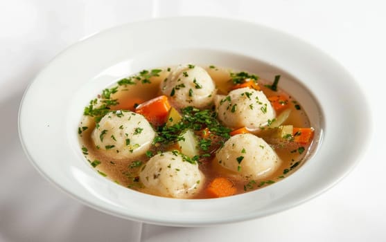 Elegant presentation of matzo ball soup with a sprinkling of parsley, set against a bright white backdrop for a clean, appetizing look