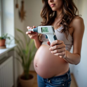 Pregnant woman in home setting measuring body temperature with digital thermometer, focusing on healthy pregnancy and self care.