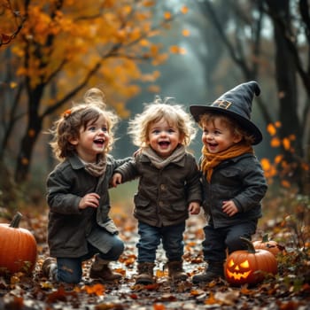 Three joyful toddlers in autumn outfits, one wearing a witch hat, laugh together in a misty forest setting with pumpkins and fallen leaves.