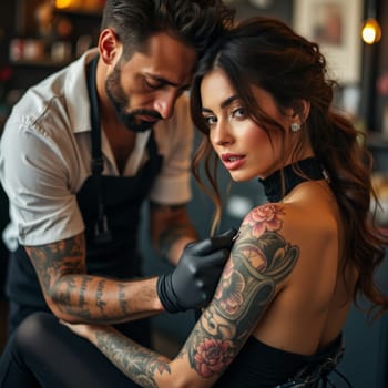 Concentrated tattoo artist working on intricate floral design for glamorous woman in atmospheric studio setting.