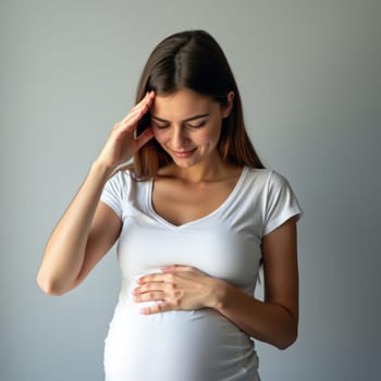 A pregnant woman in a white shirt gently touching her belly, expressing contemplation and calm.