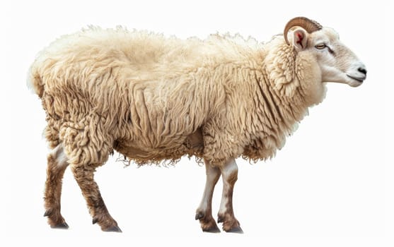 Profile view of a sheep with a full, thick fleece looking to the side, isolated on a white background