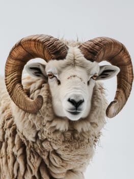 Front view of a majestic sheep with large, curled horns and a thick fleece, set against a soft white backdrop