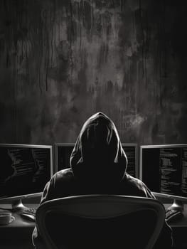 Hooded figure in front of multiple monitors displaying falling green matrix code, concept of cyber security and hacking