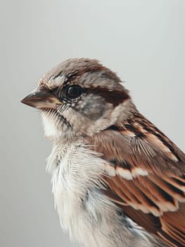 Side profile of a house sparrow perched gracefully, detailed plumage visible against a muted backdrop