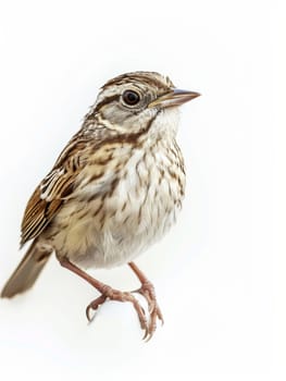 House sparrow perched with full body visible, displaying its intricate feather patterns on a white background