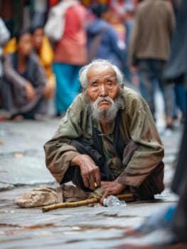 Elderly man with a long white beard sitting on an urban street, surrounded by passersby