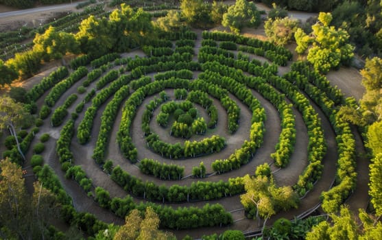 Top view of a garden maze with intricate pathways surrounded by dense green bushes and trees