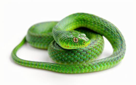 Vivid green python coiled tightly with eyes open, displaying vibrant scales on a white background
