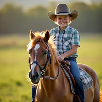 A cheerful young boy in cowboy attire rides a brown horse in a sunlit field, embodying the spirit of the American West.