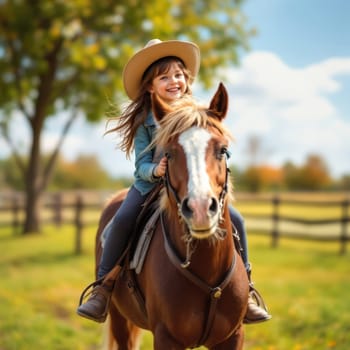 A joyful girl in a cowboy hat rides a horse through a sunny field, enjoying the freedom and adventure of the countryside.