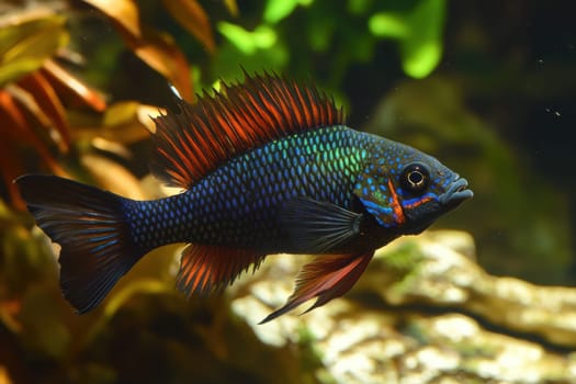 A colorful freshwater fish with striking patterns glides gracefully through an aquarium filled with aquatic plants and natural rocks.