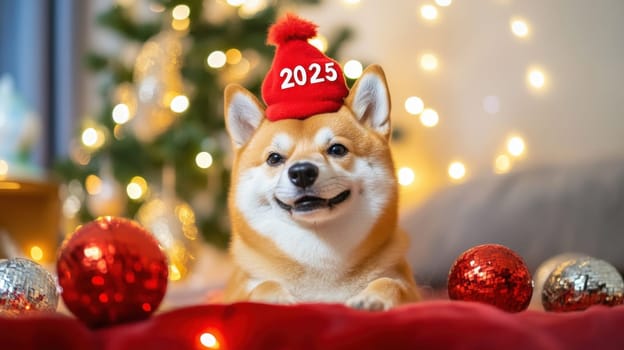 A cheerful dog wearing a festive red hat sits among Christmas decorations radiating holiday joy in a cozy indoor setting.