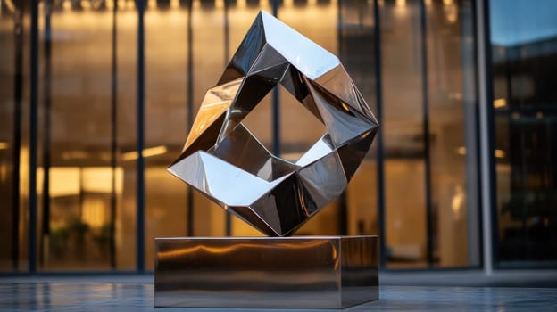 A striking metallic sculpture stands prominently on a pedestal in an urban plaza reflecting the modern architecture around it.
