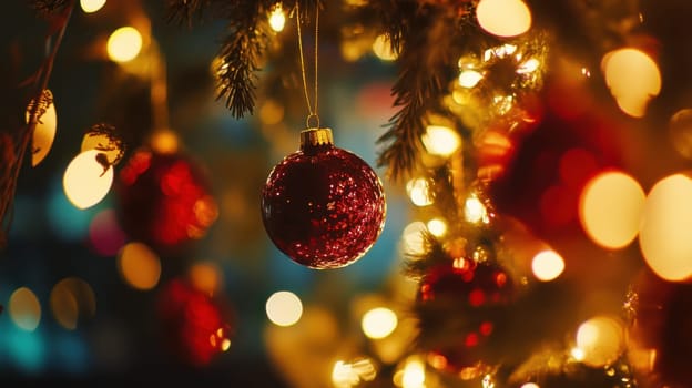 A beautifully decorated Christmas tree sparkles with red ornaments and warm lights creating a festive atmosphere during the holiday season.