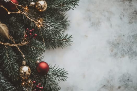 Evergreen branches are beautifully decorated with red ornaments and golden baubles creating a festive holiday atmosphere.