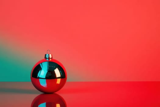 A shiny red ornament sits on a reflective surface against a vibrant gradient background of red and green hues creating a festive atmosphere.