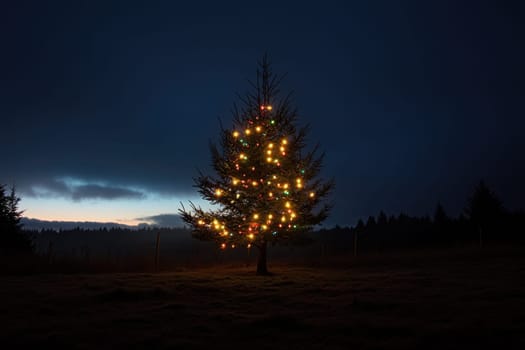 A Christmas tree adorned with colorful lights stands out against the darkening sky as twilight settles over the landscape.