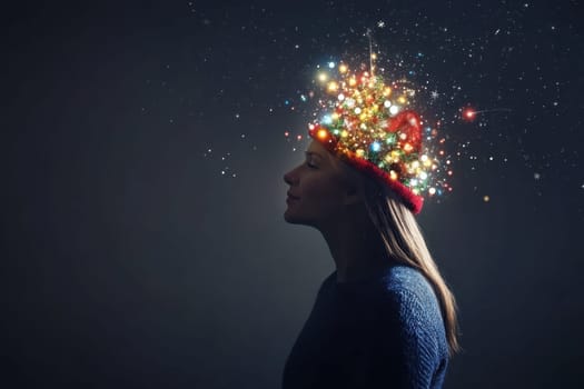 A woman stands in profile showcasing a colorful illuminated hat that sparkles against a dark background evoking holiday cheer and creativity.