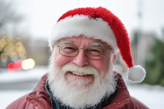 A cheerful man with a white beard and glasses enjoys the winter season while wearing a festive Santa hat.