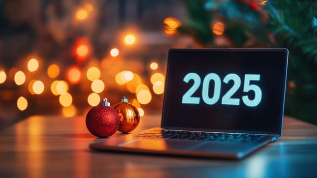 A laptop displays the year 2025 surrounded by colorful ornaments and soft holiday lights in a cozy setting.
