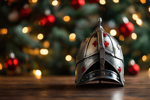 A beautifully crafted medieval knights helmet rests on a wooden table surrounded by twinkling holiday lights and ornaments.