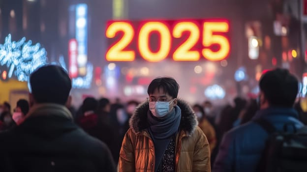 A bustling city street filled with people celebrating the arrival of 2025 illuminated by bright lights in the background.