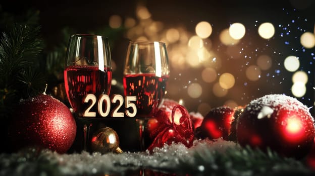 Two glasses filled with red drink sit among ornaments and snow welcoming the New Year 2025 with a festive atmosphere.