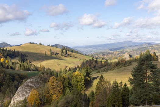 Picturesque view of the autumn landscape in the Pieniny Mountains, colorful leaves on the trees, Szczawnica, Poland. It is time of polish golden autumn