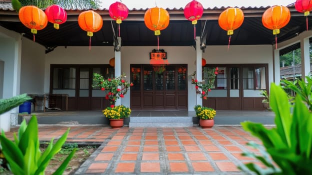 Bright lanterns hang above the entrance of a traditional house framed by vibrant flower pots and lush greenery in a serene setting.