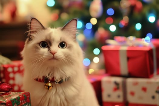A fluffy cat adorned with a bell collar sits among colorful Christmas presents surrounded by festive decorations and twinkling lights.