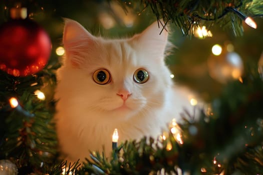 A white cat curiously peeks through the branches of a Christmas tree adorned with colorful lights and ornaments creating a festive atmosphere.
