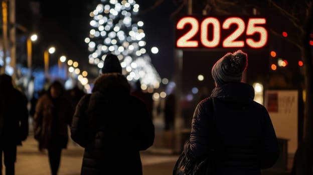 Crowds gather on a winter night to celebrate the arrival of 2025 illuminated by twinkling lights and a large display.
