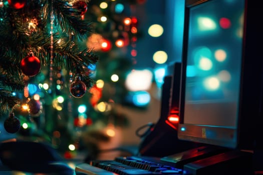 A computer adorned with holiday lights and ornaments beside a beautifully decorated Christmas tree creating a cozy and festive atmosphere.