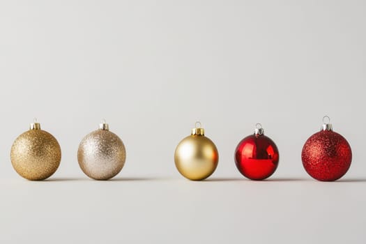 Decorative holiday ornaments in gold silver and red sit neatly lined up against a neutral background capturing the festive spirit.