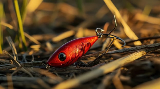 A vibrant red fishing lure lies on dry grass catching warm sunlight during the evening showcasing its shiny surface and sharp hooks.