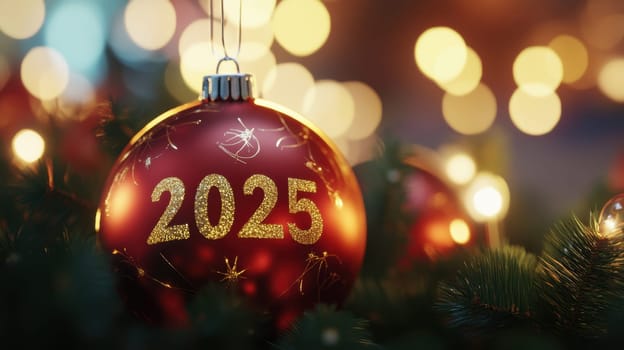 A red Christmas ornament marked with 2025 hangs among bright glimmering lights adding a joyful touch to holiday decorations.
