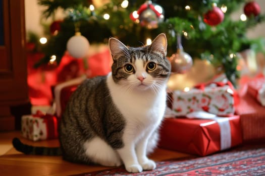A cat sits quietly next to a beautifully decorated Christmas tree surrounded by colorful wrapped gifts and festive ornaments.