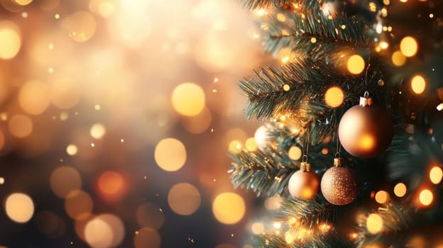 A beautifully decorated Christmas tree stands against a dark backdrop illuminated by warm golden lights and ornaments creating a festive atmosphere.
