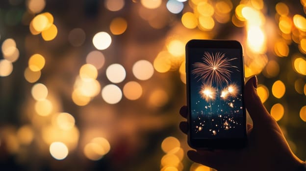 A hand holds a mobile phone displaying colorful fireworks against a backdrop of blurred lights during a nighttime celebration.