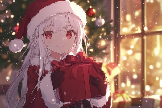 A girl dressed in a festive outfit stands with a wrapped gift surrounded by a beautifully decorated Christmas tree and soft glowing lights.